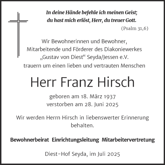 Traueranzeige von Franz Hirsch von Super Sonntag Wittenberg