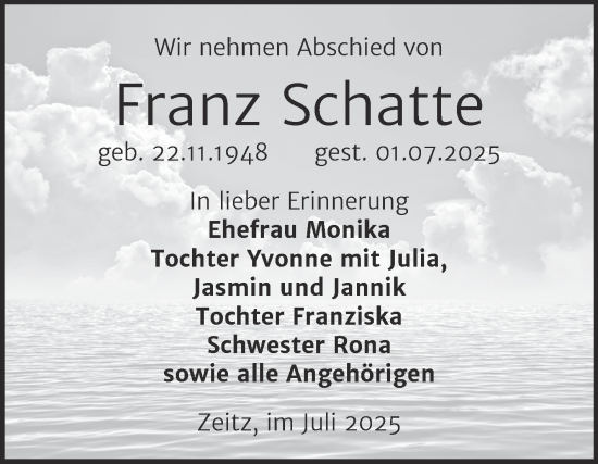 Traueranzeige von Franz Schatte von Trauerkombi Zeitz