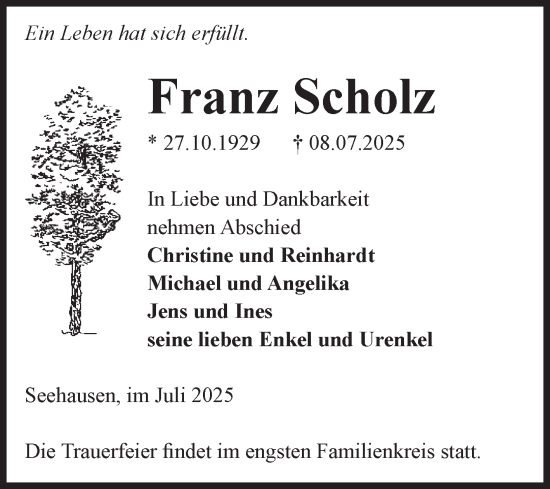 Traueranzeige von Franz Scholz von Volksstimme Altmark Ost