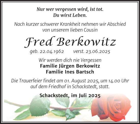 Traueranzeige von Fred Berkowitz von Trauerkombi Aschersleben