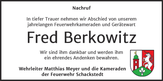 Traueranzeige von Fred Berkowitz von Super Sonntag Aschersleben