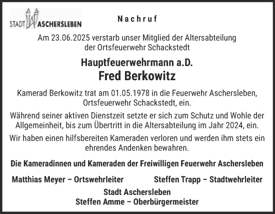 Traueranzeige von Fred Berkowitz von Super Sonntag Aschersleben