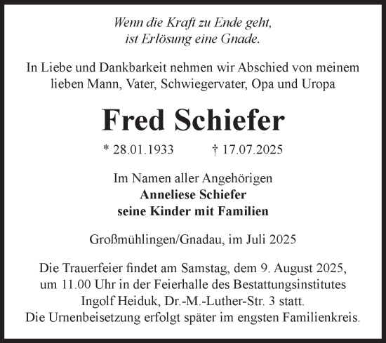 Traueranzeige von Fred Schiefer von Volksstimme Schönebeck