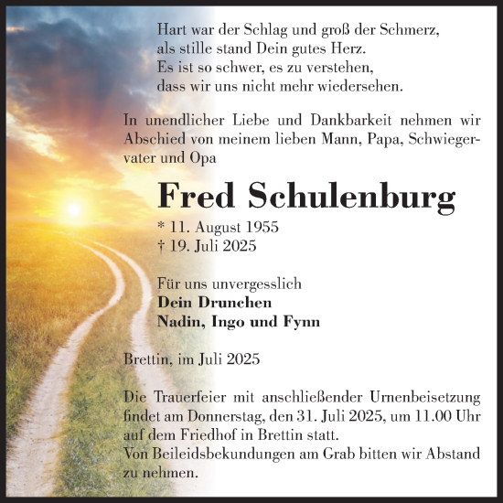 Traueranzeige von Fred Schulenburg von Volksstimme Burg/Genthin