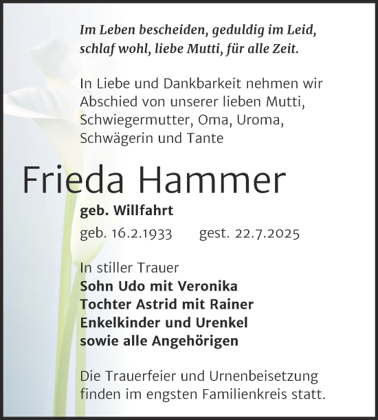 Traueranzeige von Frieda Hammer von Trauerkombi Köthen