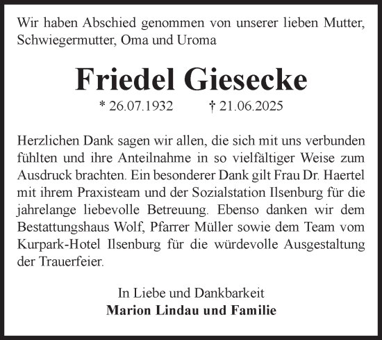 Traueranzeige von Friedel Giesecke von Volksstimme Wernigerode