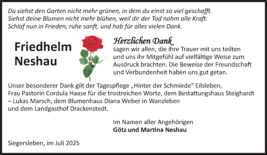 Traueranzeige von Friedhelm Neshau von Volksstimme Oschersleben/Wanzleben