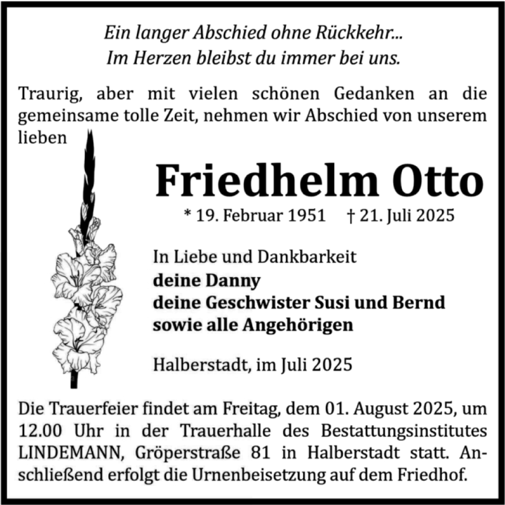  Traueranzeige für Friedhelm Otto vom 26.07.2025 aus Volksstimme Halberstadt