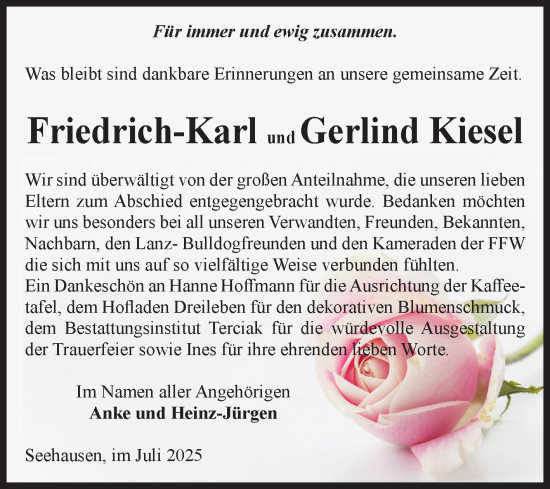Traueranzeige von Friedrich-Karl und Gerlind Kiesel von Volksstimme Oschersleben/Wanzleben