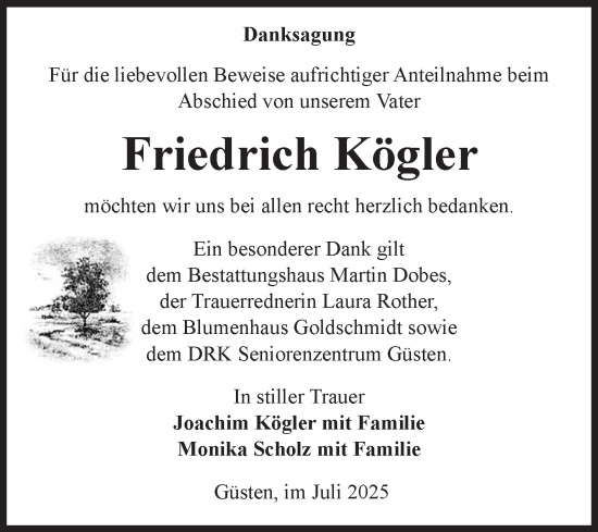 Traueranzeige von Friedrich Kögler von Volksstimme Staßfurt