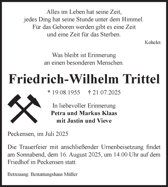 Traueranzeige von Friedrich-Wilhelm Trittel von Volksstimme Altmark West
