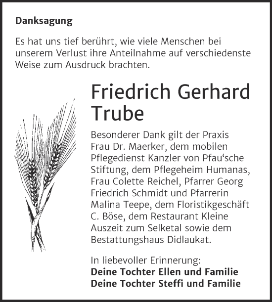 Traueranzeige von Friedrich Gerhard Trube von Trauerkombi Quedlinburg