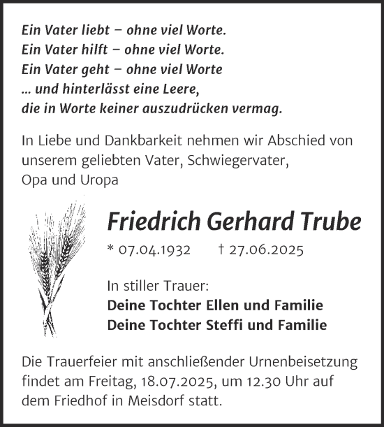 Traueranzeige von Friedrich Gerhard Trube von Trauerkombi Quedlinburg