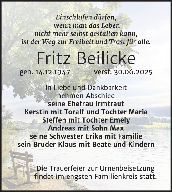 Traueranzeige von Fritz Beilicke von Naumburger Tageblatt