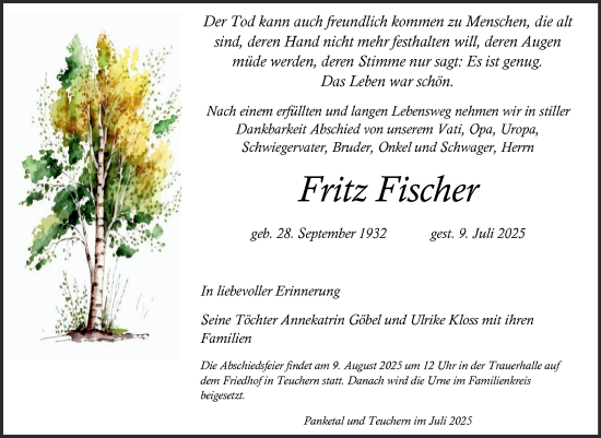 Traueranzeige von Fritz Fischer von Trauerkombi Weißenfels