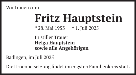 Traueranzeige von Fritz Hauptstein von Volksstimme Altmark Ost