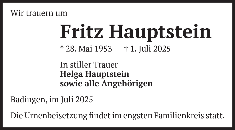  Traueranzeige für Fritz Hauptstein vom 12.07.2025 aus Volksstimme Altmark Ost
