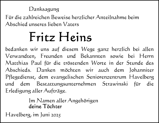Traueranzeige von Fritz Heins von Volksstimme Altmark Ost