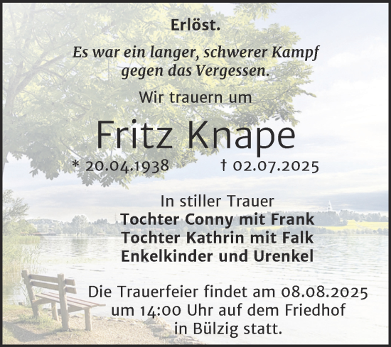 Traueranzeige von Fritz Knape von Trauerkombi Wittenberg