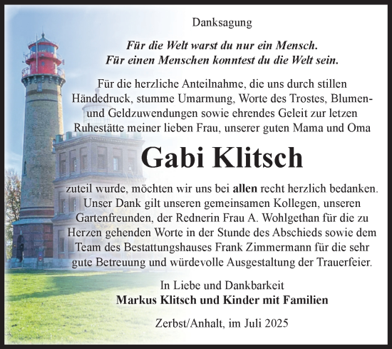 Traueranzeige von Gabi Klitsch von Volksstimme Zerbst