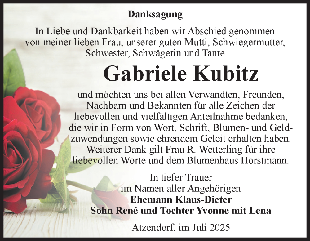  Traueranzeige für Gabriele Kubitz vom 12.07.2025 aus Volksstimme Staßfurt