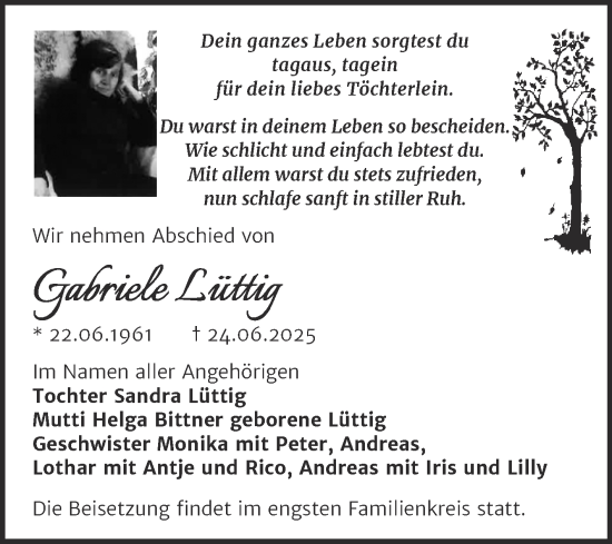 Traueranzeige von Gabriele Lüttig von Trauerkombi Mansfelder Land