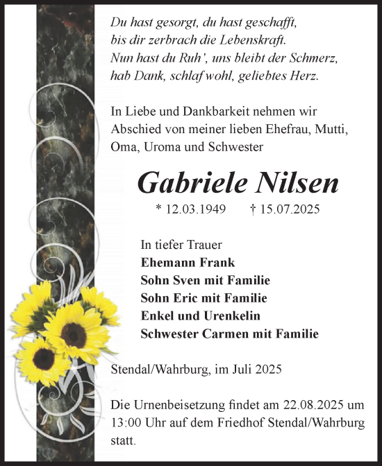 Traueranzeige von Gabriele Nilsen von Volksstimme Altmark Ost