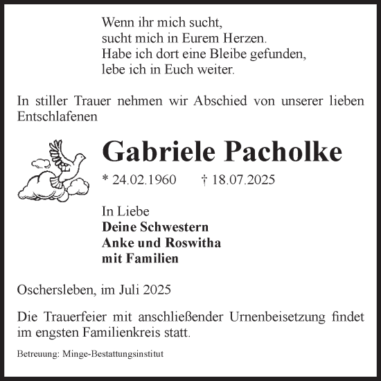 Traueranzeige von Gabriele Pacholke von Volksstimme Oschersleben/Wanzleben
