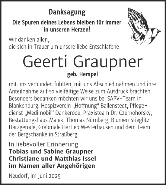 Traueranzeige von Geerti Graupner von Trauerkombi Quedlinburg