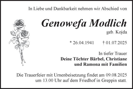 Traueranzeige von Genowefa Modlich von Trauerkombi Bitterfeld