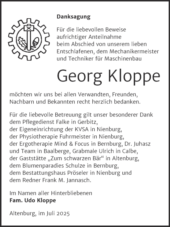 Traueranzeige von Georg Kloppe von Trauerkombi Bernburg