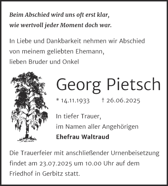 Traueranzeige von Georg Pietsch von Trauerkombi Bernburg