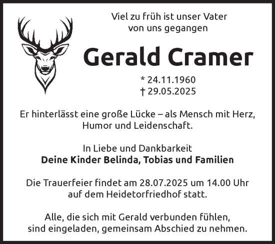 Traueranzeige von Gerald Cramer von Volksstimme Zerbst