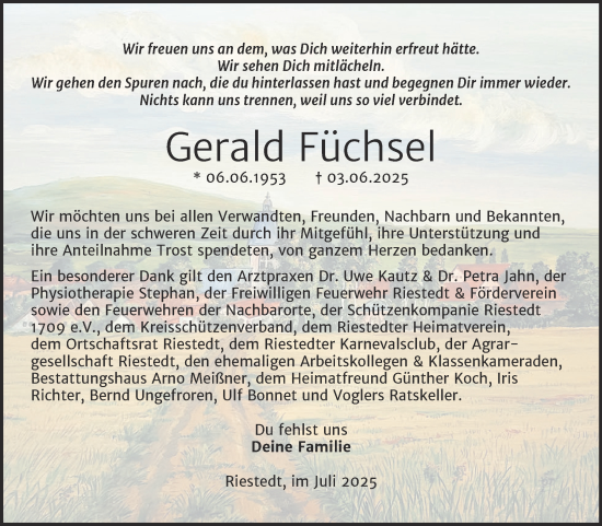 Traueranzeige von Gerald Füchsel von Trauerkombi Sangerhausen