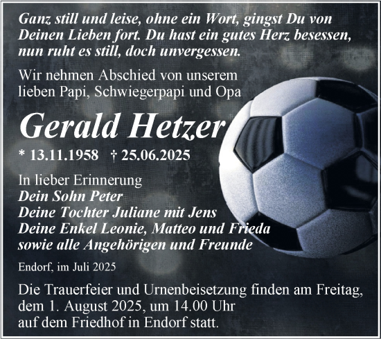 Traueranzeige von Gerald Hetzer von Trauerkombi Quedlinburg