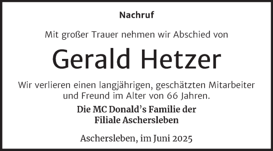 Traueranzeige von Gerald Hetzer von Super Sonntag Aschersleben