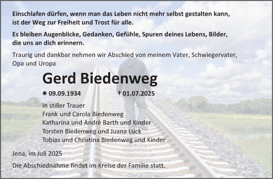 Traueranzeige von Gerd Biedenweg von Trauerkombi Aschersleben