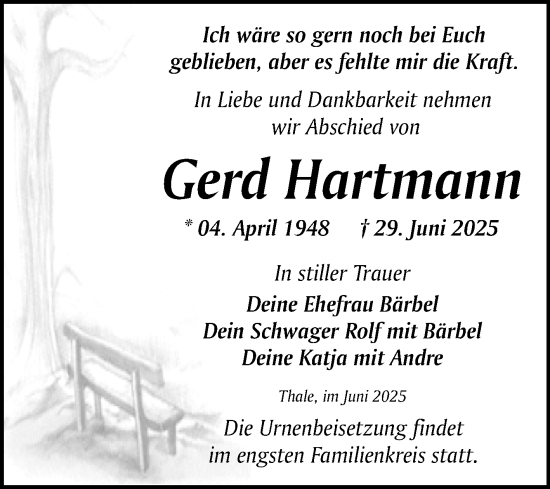 Traueranzeige von Gerd Hartmann von Trauerkombi Quedlinburg