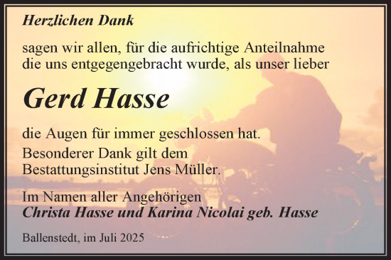 Traueranzeige von Gerd Hasse von Trauerkombi Quedlinburg