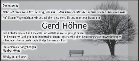 Traueranzeige von Gerd Höhne von Trauerkombi Bitterfeld