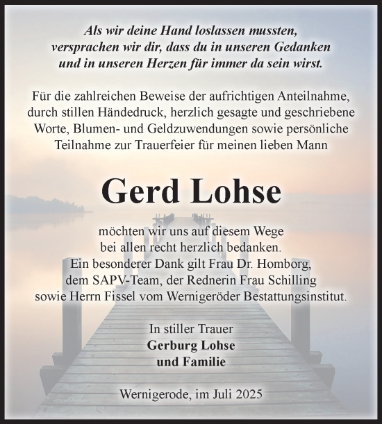 Traueranzeige von Gerd Lohse von Volksstimme Wernigerode