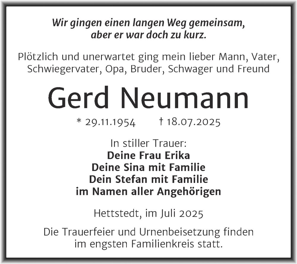 Traueranzeige für Gerd Neumann vom 25.07.2025 aus Trauerkombi Mansfelder Land