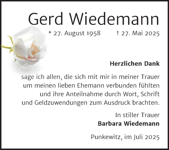 Traueranzeige von Gerd Wiedemann von Naumburger Tageblatt
