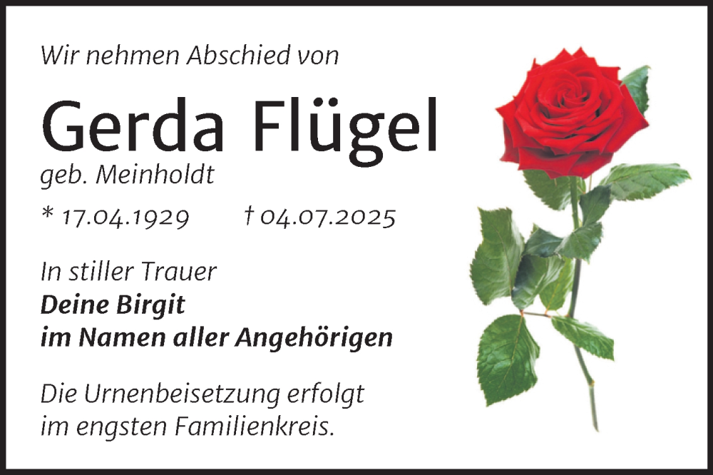  Traueranzeige für Gerda Flügel vom 26.07.2025 aus Trauerkombi Bitterfeld