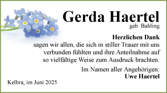 Traueranzeige von Gerda Haertel von Trauerkombi Sangerhausen
