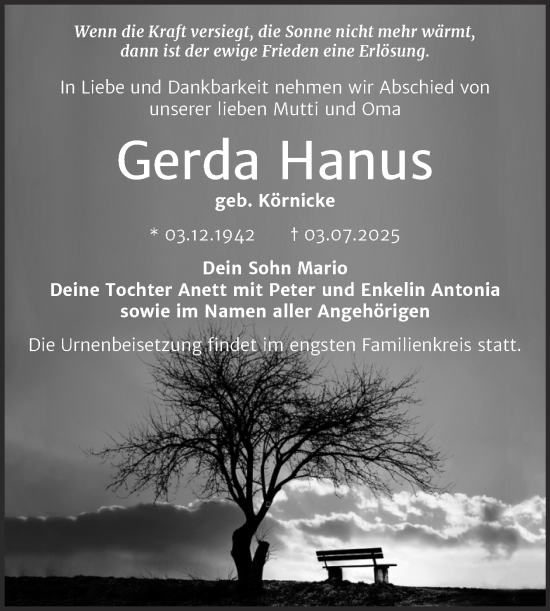 Traueranzeige von Gerda Hanus von Trauerkombi Wittenberg