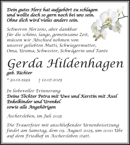 Traueranzeige von Gerda Hildenhagen von Trauerkombi Aschersleben