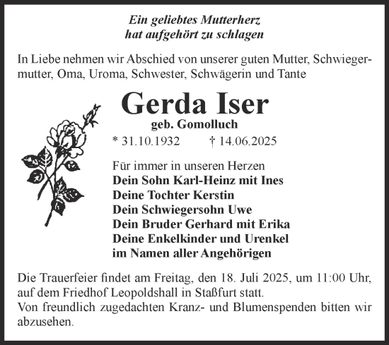 Traueranzeige von Gerda Iser 