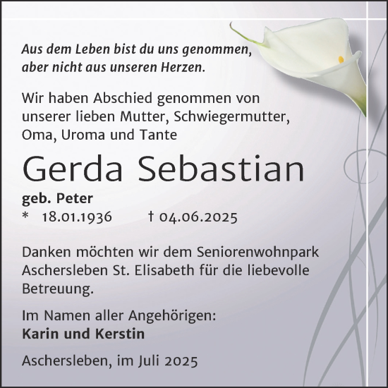 Traueranzeige von Gerda Sebastian von Trauerkombi Aschersleben