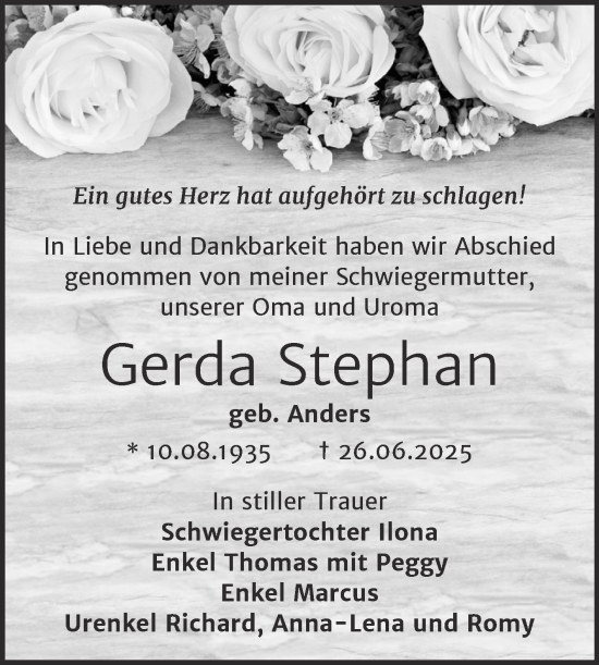 Traueranzeige von Gerda Stephan von Trauerkombi Wittenberg